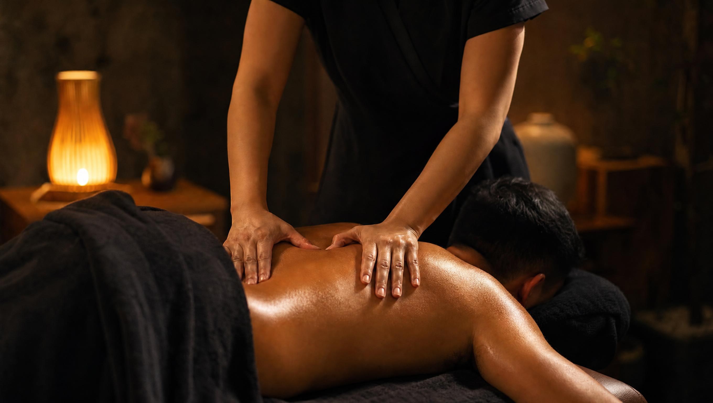 Dimly lit private massage treatment room with candles and hot stones