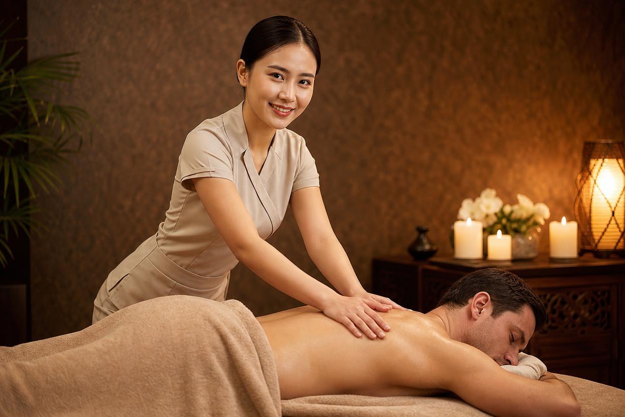 Therapist performing a relaxing full body massage by candlelight in a quiet treatment room