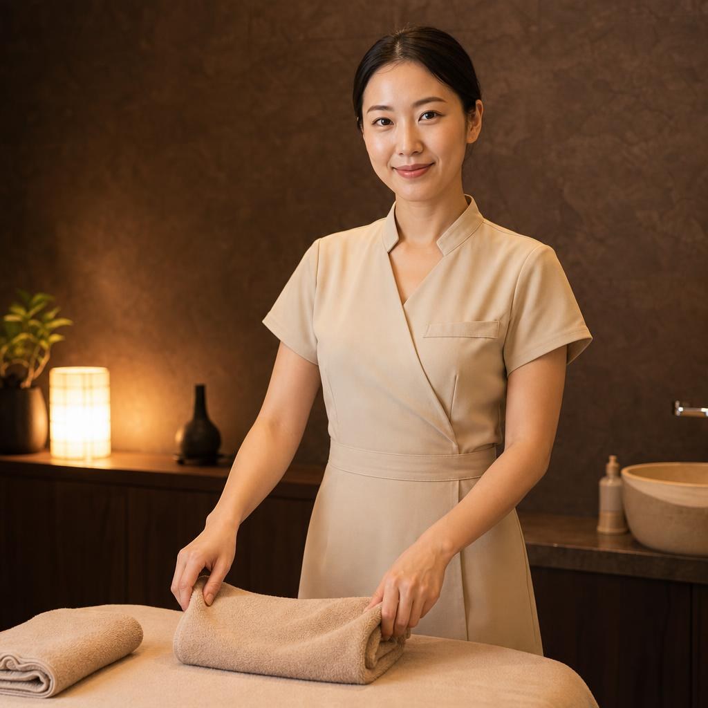 Professional massage therapist in uniform folding towels in a treatment room